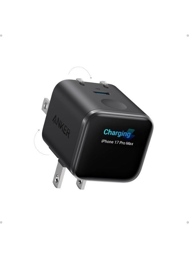 Anker Smart Display Charger,Anker Nano 45W Max GaN Fast Charging USB C Charger Block,180° Foldable Plug,Smart Recognition,Built-in Care Mode,for iPhone17/16/15(Non-Battery,One USB-C Port,No Cable)(Chinese version) black