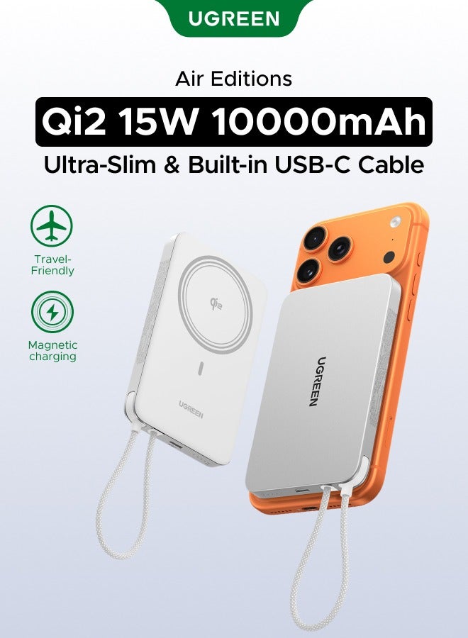 Ugreen Magnetic Power Bank Magflow Air Qi2 15W 10000mAh with 30W USB-C Cable, Fast-Charging Magsafe Wireless charger,13.9mm Ultra-Slim, Airline-Friendly, Compatible Fast Charging for iPhone 18 Pro, iPhone 18 Pro Max, iPhone Duo, iPhone 17/16 Series-Grey 10000mAh 10000mAh