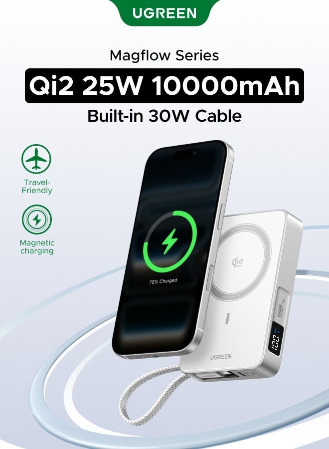 Magflow 10000mAh Qi2 25W Built-in Cable 30W Ultral- Fast Power Bank with Strong Magnetic Attachment, Wireless Portable Charger with 25W Fast Wireless Charging and PD30W Fast Charging, Built-in Type C Cable for iPhone 18 Pro, iPhone 18 Pro Max, iPhone Duo, Samsung S26/S25 Ultra, iPhone 17/16 Pro Max Series -White 10000mAh Qi25W -White 10000mAh Qi25W -White