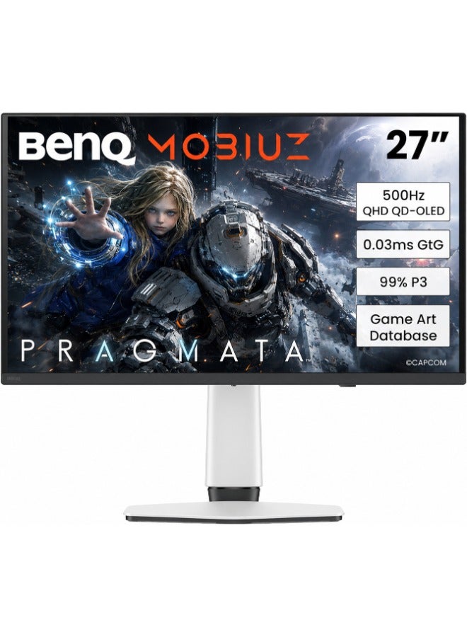 BenQ 27 inch MOBIUZ Gaming Monitor, 3rd Gen QD-OLED, 500Hz, 0.03ms, HDMI2.1, USB-C, VESA Display HDR True Black 500, MOBIUZ Color Tuning, eARC, EX271QZ 3-Year OLED Warranty White