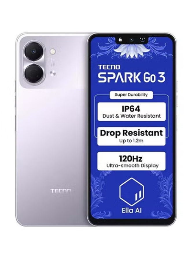 TECNO Spark Go 3 Dual SIM Aurora Purple 4GB Ram 64GB 4G -Middle east version