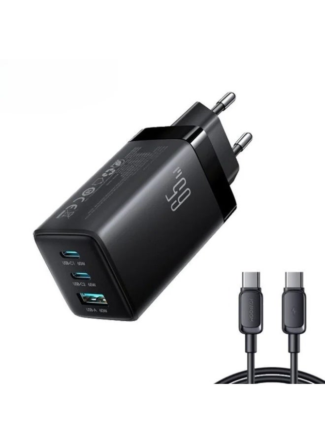 JR-TG10 65W GaN Fast Charger 3-Port (2 USB-C + USB-A) PD Fast Charging With 100W USB-C To USB-C Cable 1.2m - Black