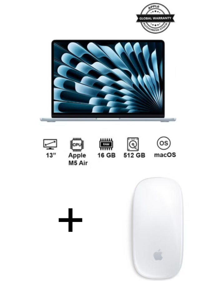 MacBook Air MDHH4 Laptop with 13 Inch WUXGA / Apple M5 Air | 10-Core CPU 8-Core GPU / 16 Gigabyte / 512 Gigabyte SSD / Integrated Graphic card / English Keyboard apple Magic Mouse (USB-C Port) English Sky Blue