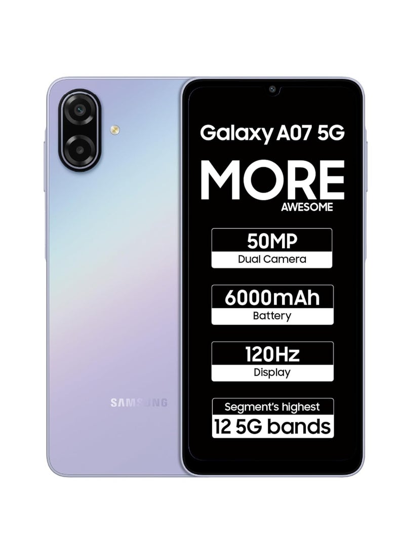 Samsung Galaxy A07 5G Smartphone (Light Violet, 4GB RAM, 64GB Storage) | 120Hz Refresh Rate | Massive 6000mAh Battery | 50MP True Dual Camera | 6 Gen OS Upgrades | Knox Vault