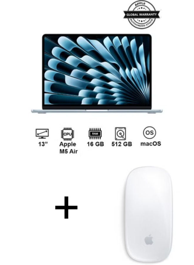 MacBook Air MDHH4 Laptop with 13 Inch Full HD  / Apple M5 Air | 10-Core CPU 8-Core GPU / 16 Gigabyte / 512 Gigabyte SSD / Integrated Graphic card / English/Arabic Keyboard with apple Magic Mouse (USB-C Port) - White English/Arabic Sky Blue