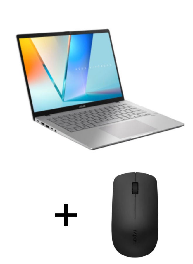 VIVOBOOK S14 Laptop with 14 Inch Full HD / Qualcomm Snapdragon X (X1-26-100) / 16 Gigabyte / 512 Gigabyte SSD / Qualcomm Adreno / with Rapoo M20 Plus Silent Wireless Optical Mouse Cool Silver