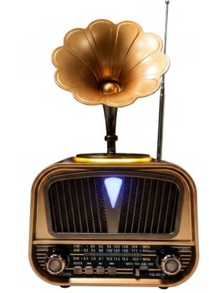 YUEGAN Retro Gramophone 3-Band Radio & Bluetooth Speaker With LED Light USB TF AUX Brown/Gold 1200mAh YG-6010