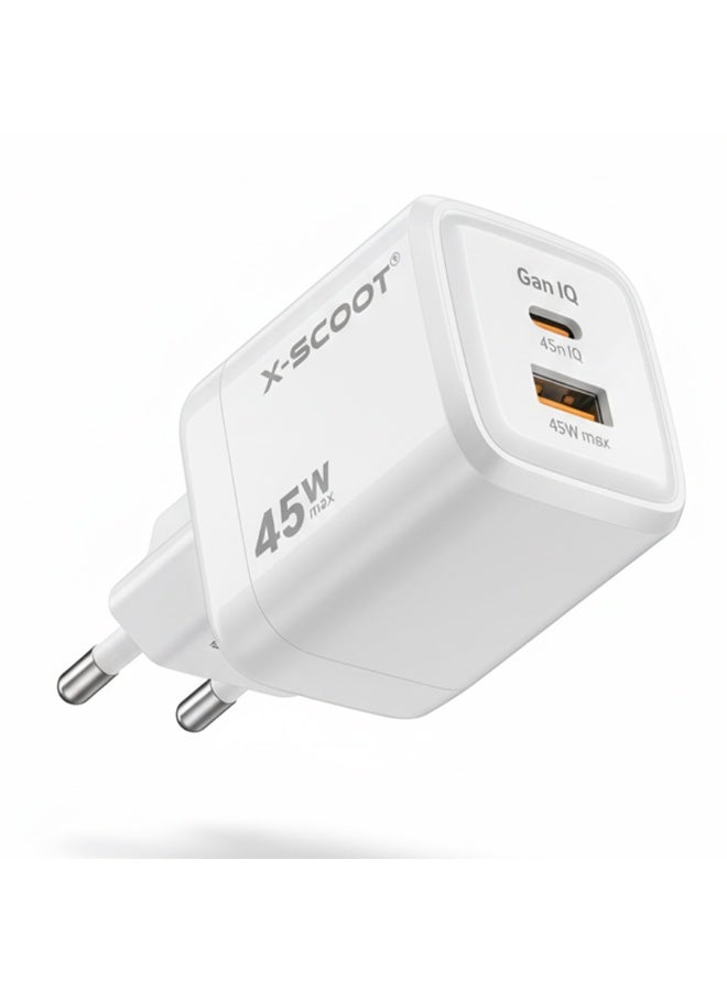 CH-263 GaN IQ Super Fast Charger 45W – Dual Output Type-C & USB, Smart Power Delivery with Advanced Safety Protection, High-Speed Charging for Phones, Tablets & Laptops