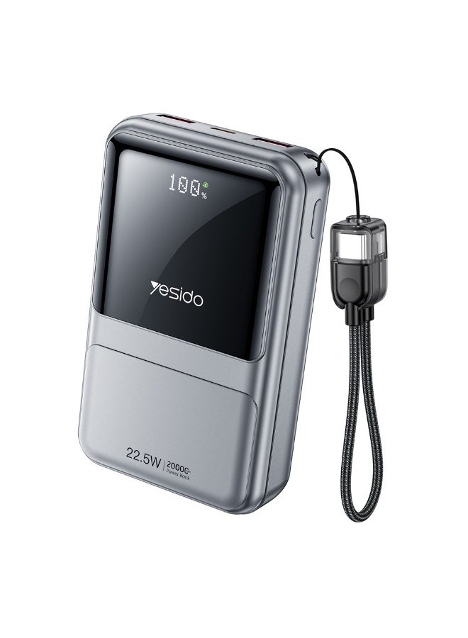 Yesido YP96 20000mAh 22.5W Fast Charging Power Bank - Portable Charger with Built-in Type-C Lanyard Cable & LED Digital Display - Dark Grey