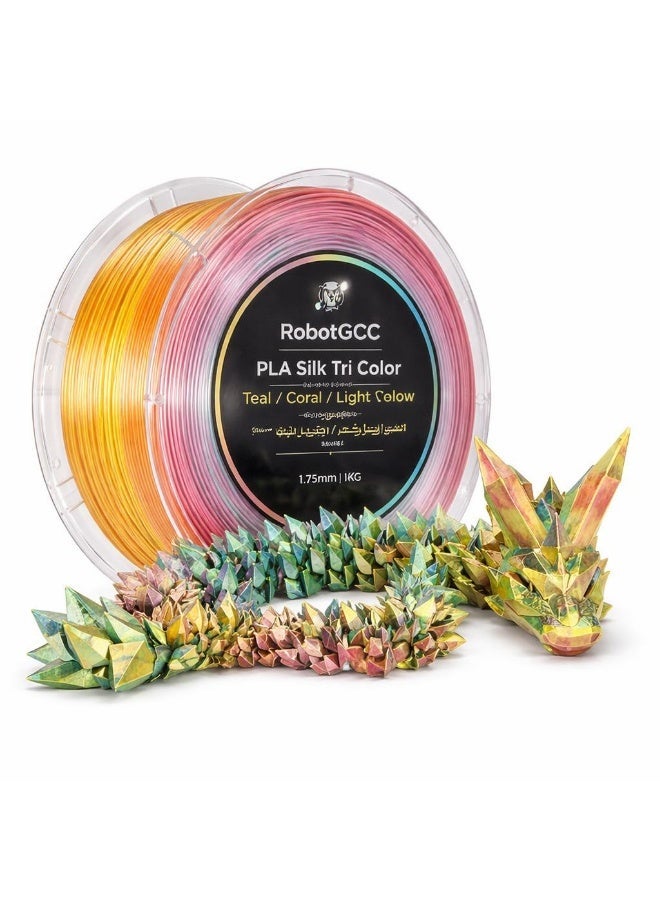 robotgcc Silk PLA Tri Color Teal Coral Light Yellow 3D Printer Filament 1.75mm Multicolor Silk Finish Glossy Gradient Printing Material High Precision Low Warp Easy Print FDM Filament for Art Models Decor DIY Projects