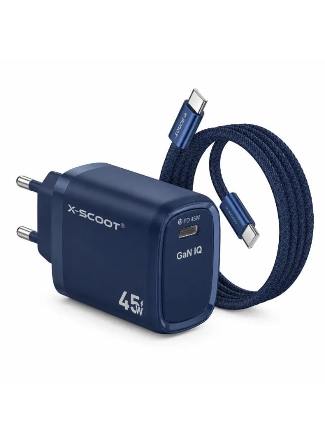 45W GaN USB-C Wall Charger with USB-C to USB-C Braided Cable, Power Delivery Fast Charging Adapter for iPhone 17, Samsung Galaxy, iPad, MacBook Air, Tablets, USB-C Smartphones, Smart Safe Charging, High Speed PD Charger with Durable Fabric Cable and Advanced GaN Technology