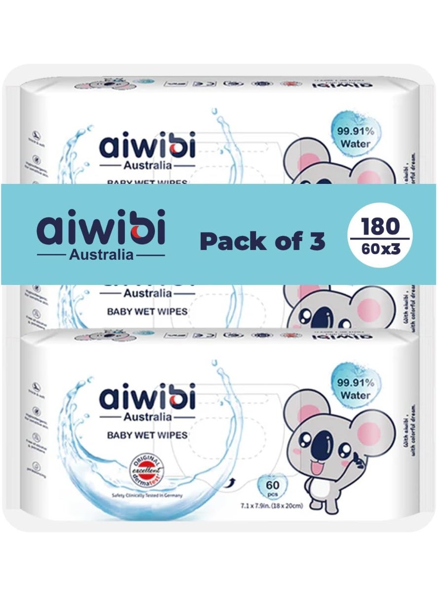 100% Skin-friendly Baby Wet Wipes 60 Sheets- Pack of 3 (180 Pcs)-Wet Wipes