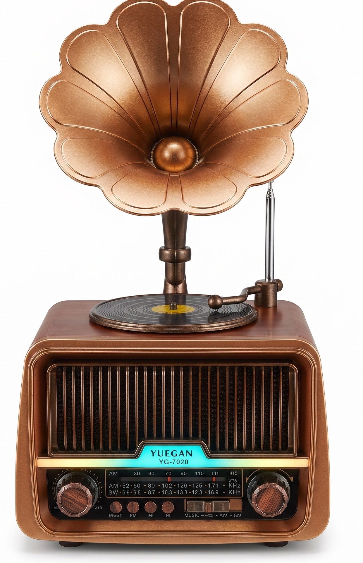 YUEGAN Retro Gramophone Style FM/AM/SW 3-Band Radio With Bluetooth Speaker & Rechargeable Battery Bronze/Wood 2000mAh YG-7020