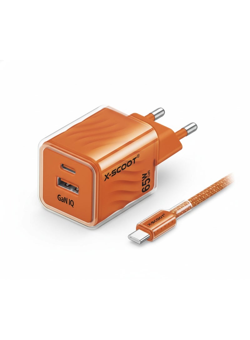CH-271 65W Super Fast Mobile Wall Charger with Type-C Data Cable , High Speed Charging Adapter for Phone and Smartphone, Dual Output USB & Type-C, GaN IQ Technology, Compact Travel Charger with Safe High Power Output - Orange