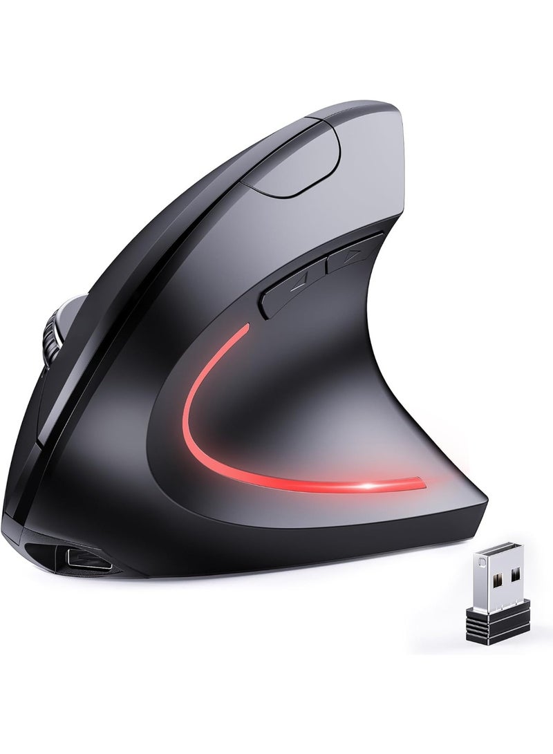 Ergonomic, rechargeable wireless vertical mouse with Bluetooth 5.2 and 2.4GHz USB (2-in-1) at 1000/1200/1600 DPI, 6 silent buttons, for laptops, PCs, MacBooks, and Chromebooks - Black