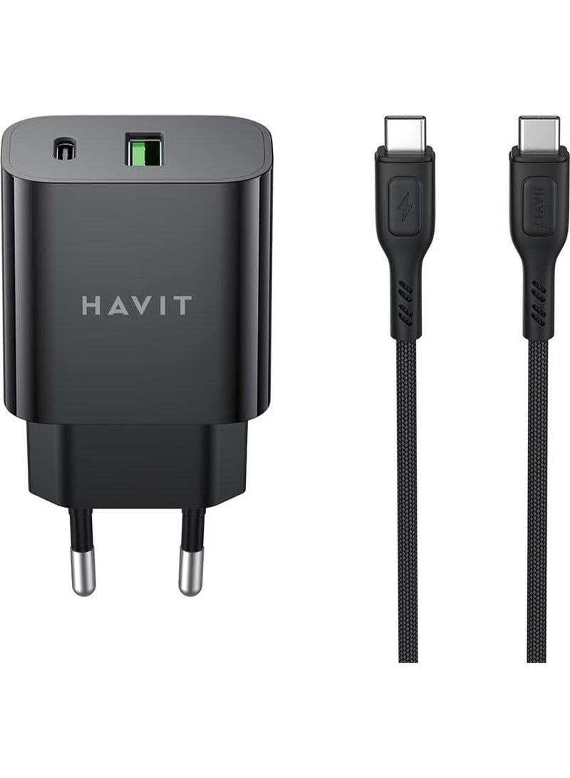 HAVIT ST926 20W PD Fast Wall Charger with Dual USB-A & USB-C Ports, 60W USB-C to USB-C Cable Included, 1M Cable, EU Plug, Fast Charging Adapter for iPhone, Samsung, iPad, MacBook Air & USB-C Devices