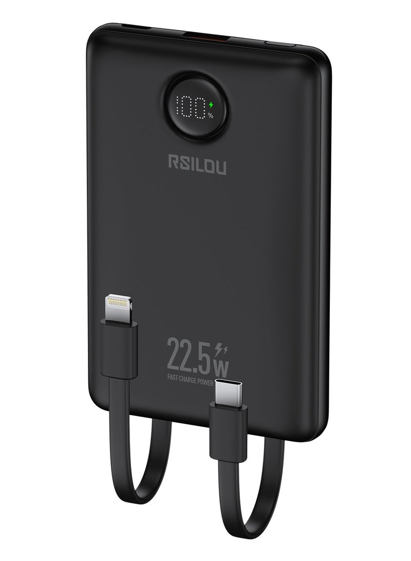R1023-001 10000mAh Capacity Power Bank, 22.5W PD Fast Charging, 38.5 Total Max Output Power, Multi-Device Compatibility, Digital Display, Type-C and USB-A Output Built-in Dual Cables
