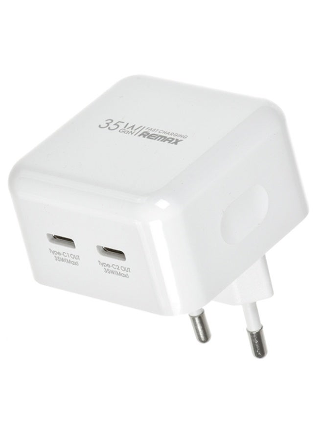 REMAX 35W Dual Type-C GaN Fast Charger RP-U87, PD + QC Compact Wall Adapter with Smart Chip, 2-Port Fast Charging, EU Plug, Fireproof Design for Smartphones, Tablets & Laptops - White
