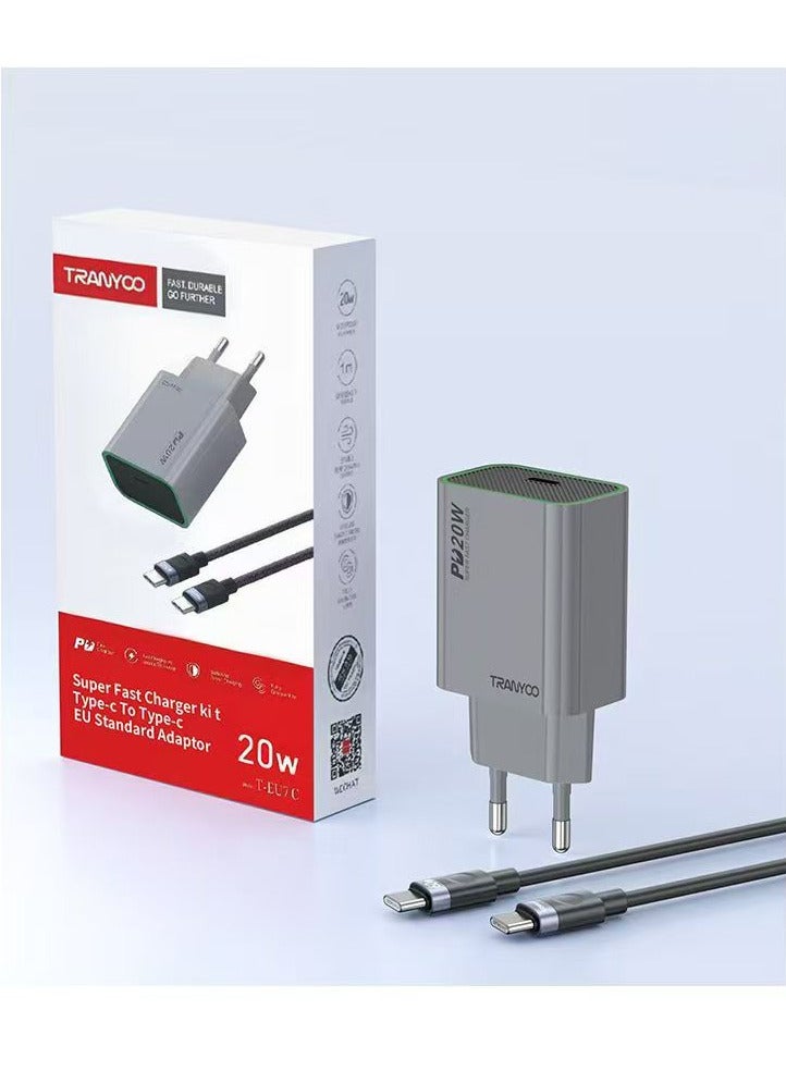 TRANYOO 20W Type-C to Type-C Fast Charger Compatible with Samsung Galaxy A54/S23 A34/S22/A53/M53/S24+/S9/S9+/Note10+/Note10/C55/A14/A15/A24/S10/S10/M55 and OPPO (Gray)