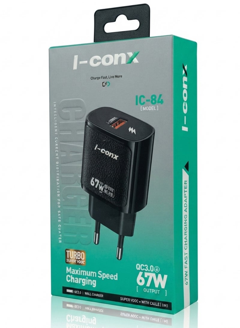 IC-84 67W USB-C Fast Wall Charger with USB-C Cable – PD, QC 3.0, Super VOOC & Turbo Fast Charging Travel Adapter, Smart Power Distribution, Safe Charging for iPhone 16/15, Samsung Galaxy, Xiaomi, OPPO, Huawei, iPad & USB-C Devices