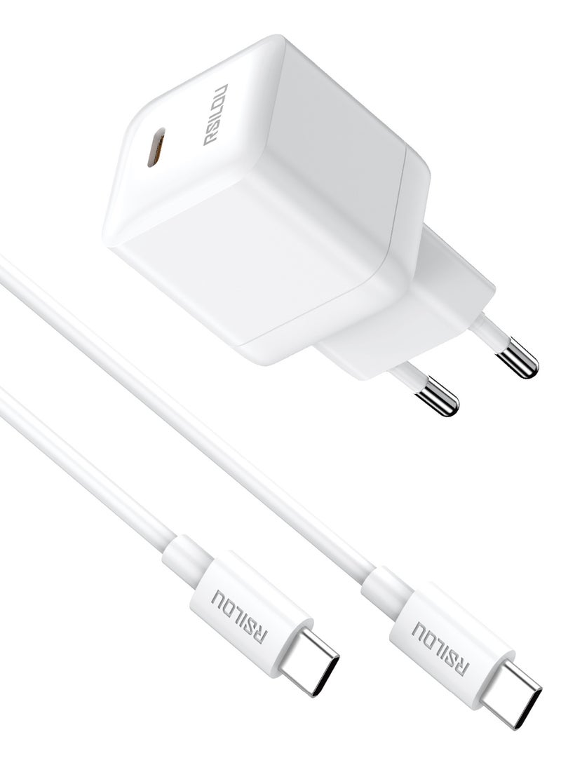 R4262-003 charger Set 30W USB-C GaN Fast charger and cable USB-C to USB-C 60W 100 CM, High Durability and Flexible, Fast charging and data cable,Braided 1M, Transmission Copper Wires speed Rate 480Mbps, Tangle and Entanglement free, white