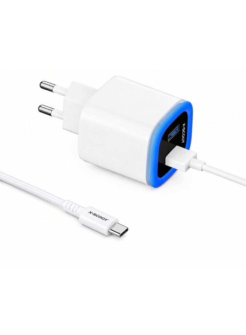 CH-221 Dual USB Wall Charger – DC 5V/2.4A Fast Charging,Type-C Cable, EU Plug, Intelligent Safety Protection, Compact Travel Design, Compatible with Smartphones, Tablets & USB Devices – White