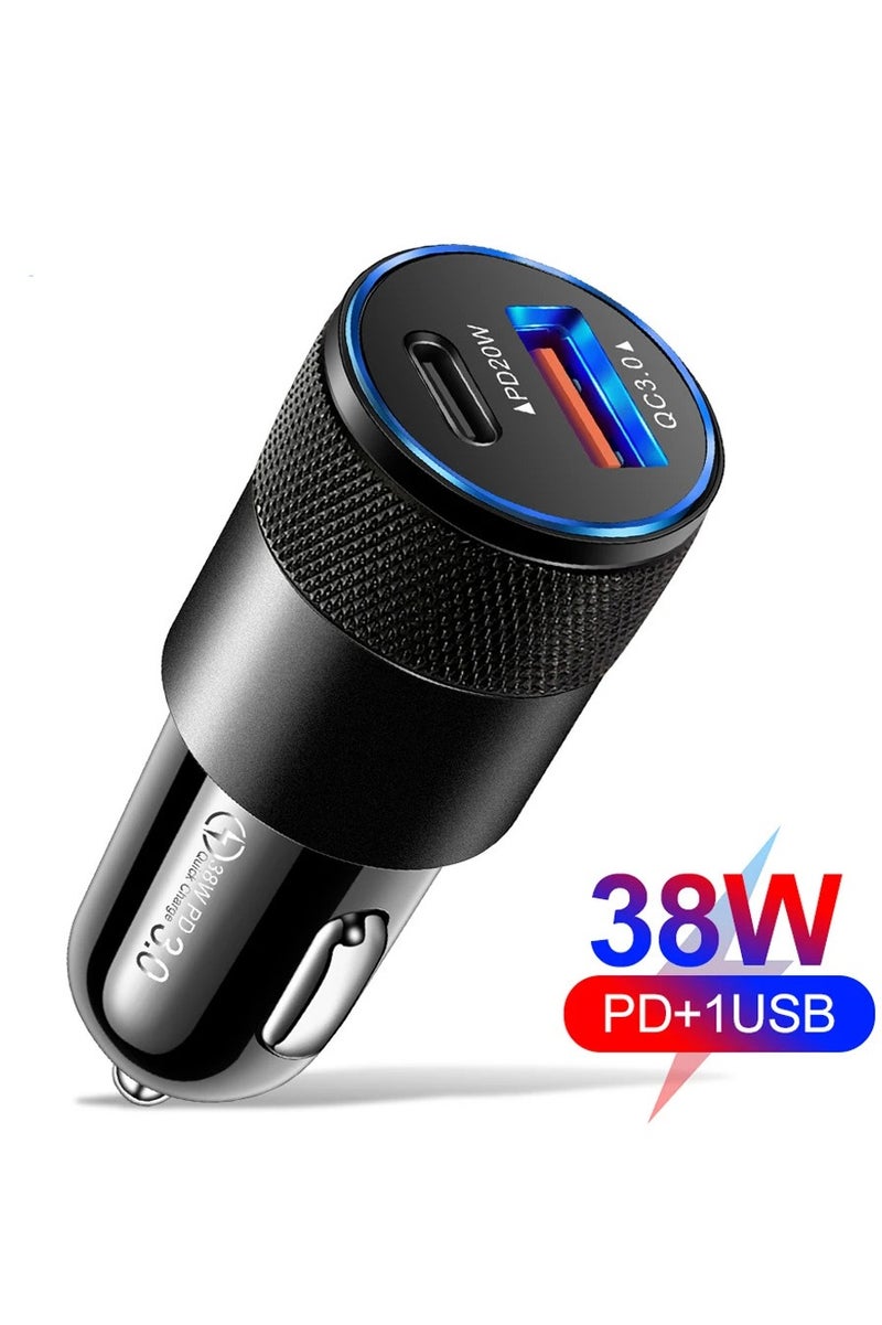 AMROAH USB C Car Charger Adapter 38W Double Port 12-24V, Lighter USB A Charger for Auto Fast Charging Phone Tablet Charge for iPhone Pro Max iPad Pro Samsung Galaxy Xiaomi Pixel