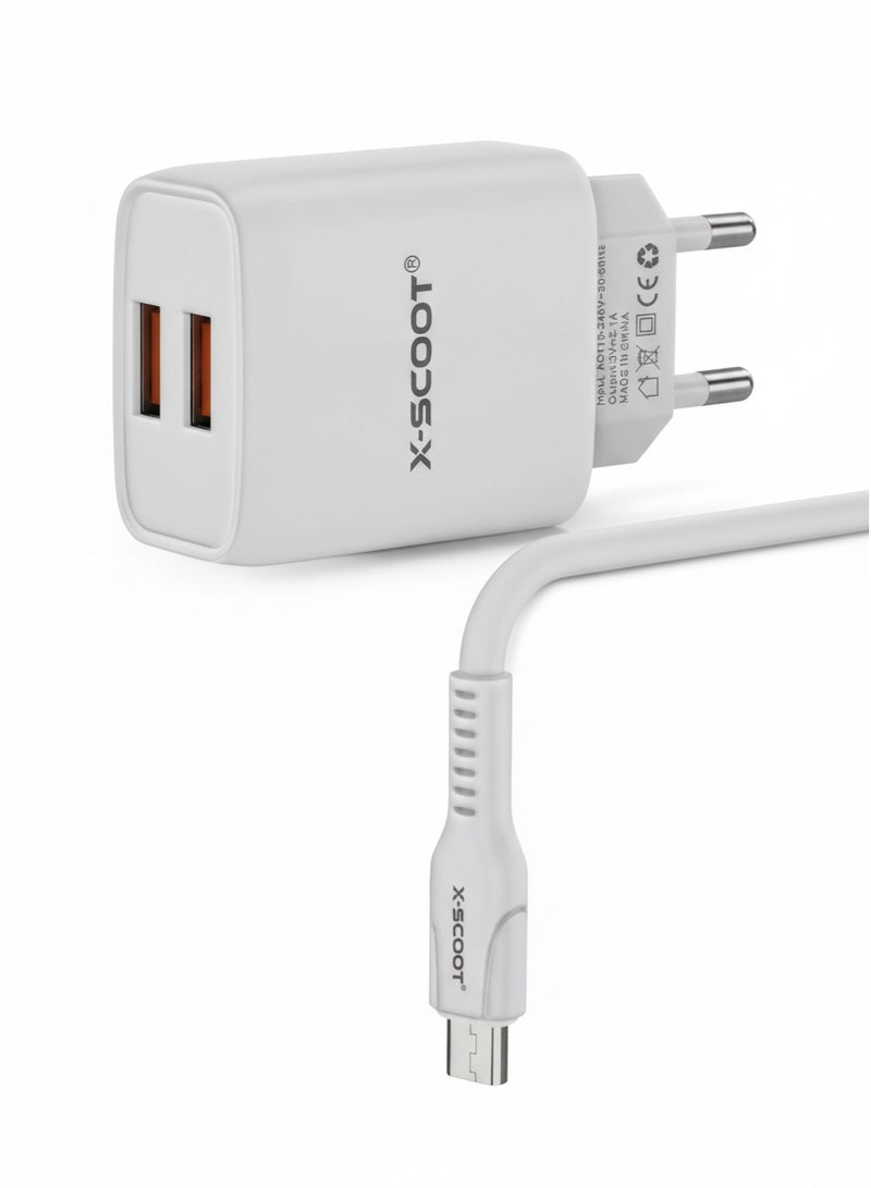 Dual USB Travel Charger 2.1A with Micro USB Cable, Compact Fast Charging Wall Adapter, Safe & Lightweight Design – Model CH-236, White