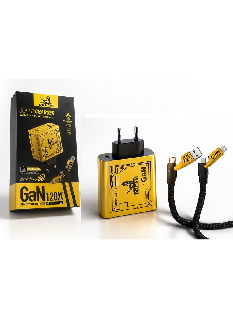Dream D-1797 GaN 120W Super Fast Charger – PD QC3.0 – 4-in-1 Fast Charging Cable –Multi Device Adapter