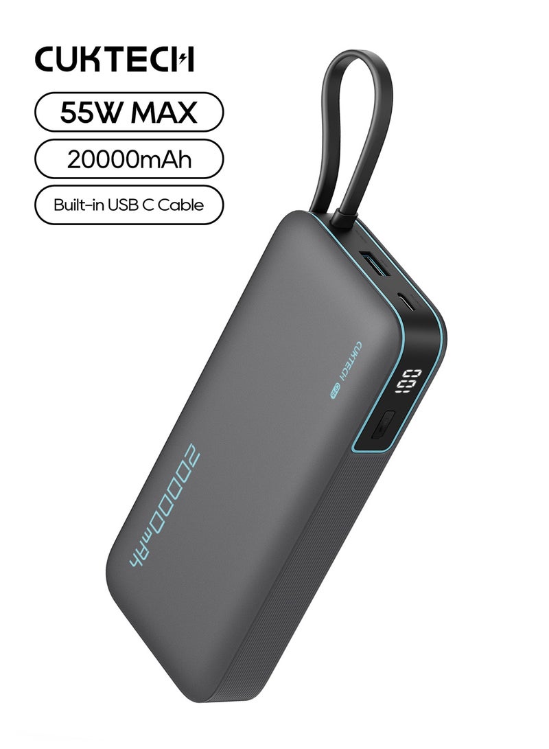 CUKTECH 20000mAh Power Bank, 20,000mAh 55W MAX Portable Charger with Durable Built-in USB-C Cable (CP25), Slim Fast Charging Battery Pack Compatible with Xiaomi 15, iPhone 17/16, Samsung S25, Switch - Grey