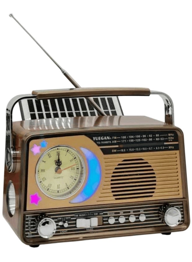 YUEGAN YG-7030BTS Retro Multimedia Speaker System & FM/AM/SW Radio with Clock, Flashlight & Solar Panel Brown 2400mAh YG-7030BTS