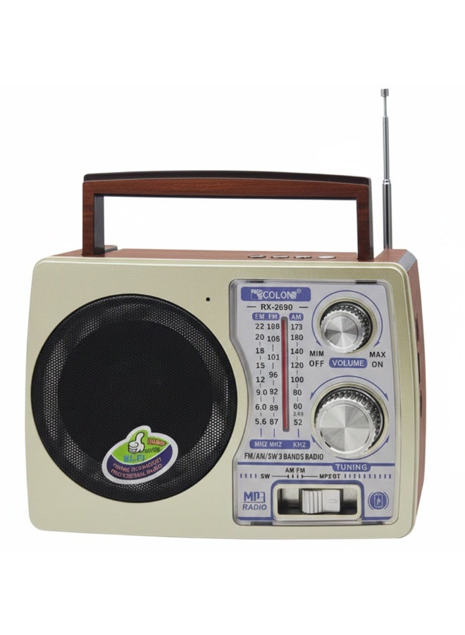 RX-2690 Classic Portable Radio , Multi Band FM/AM/SW3, Disco LED Lights, Rechargeable Battery, Built in Speaker, MP3/USB/TF Support, Perfect for Home, Camping, and Travel - Multicolour