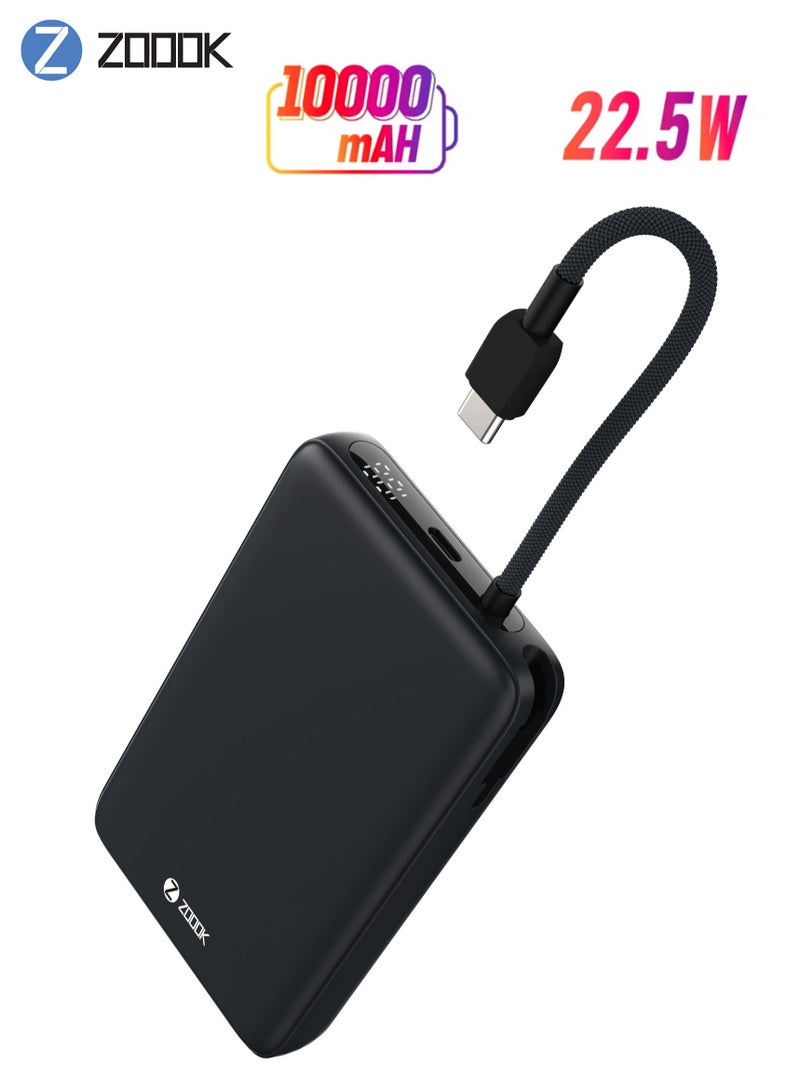 Zoook 10000mAh Power Bank with Built-in USB-C & Lightning Cables 22.5W Super Fast Charging Portable Battery Charger LED Display External Power Bank for iPhone, Samsung, Huawei, Android, iPad, AirPods, Tablets Travel-Friendly Backup Charger Slim Design Compatible with PD Devices & QC 3.0 Black**