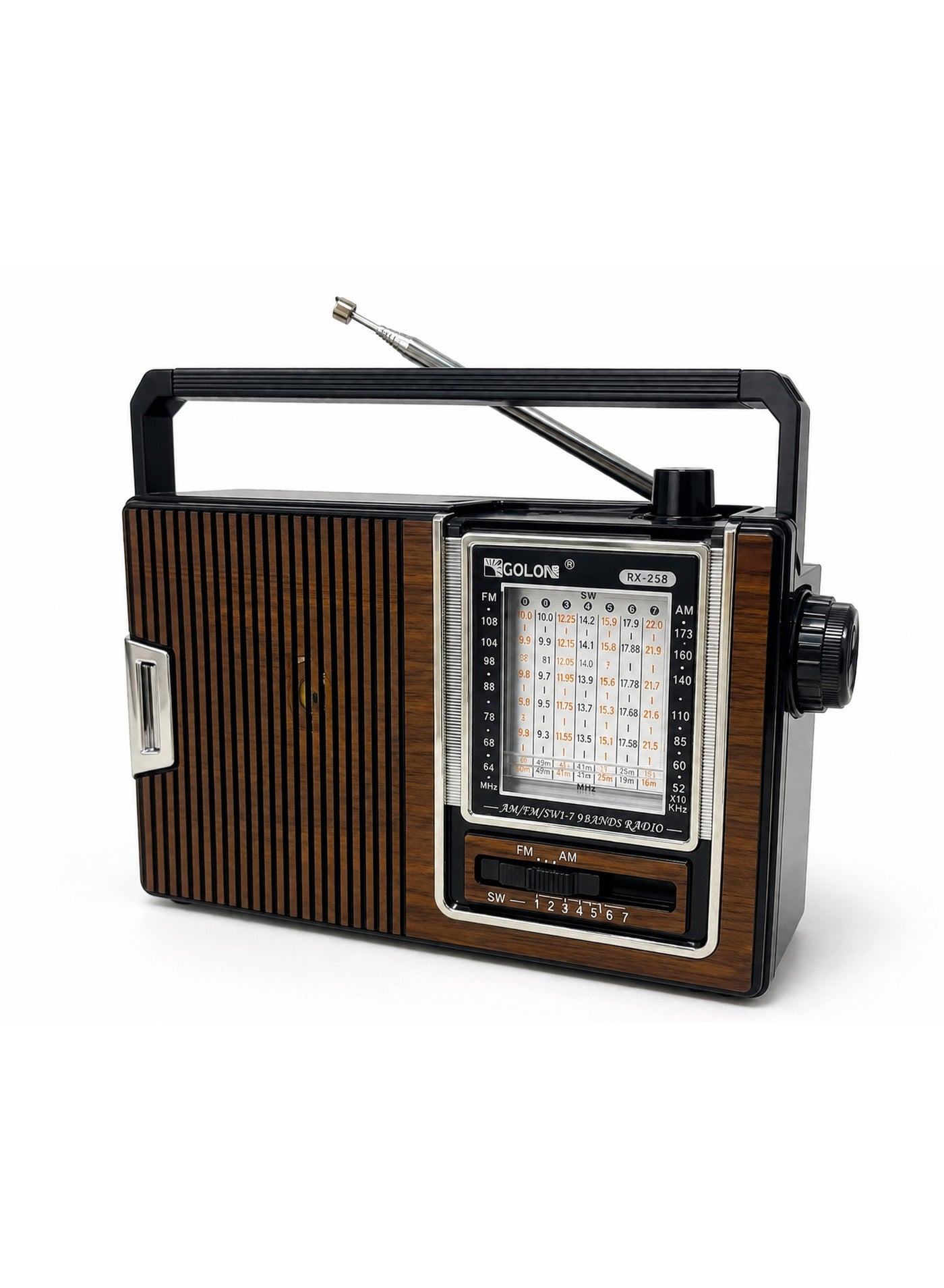 RX-258 Portable Vintage Radio Speaker – FM/AM/SW1–7 9-Band Radio, Powerful 3-Inch Speaker with Stereo Sound, High-Sensitivity Reception, 360° Telescopic Antenna, Solar & Rechargeable Battery Support, Headphone Jack, AC/DC Dual Power Supply, Compact Retro Design, Ideal for Home, Camping, Travel & Emergency Use – Multicolour