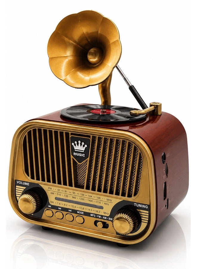 Meier Vintage Gramophone Bluetooth Speaker & 3-Band Radio with Decorative Horn Brown/Gold 14.5x22x10.5cm MD-1319BT