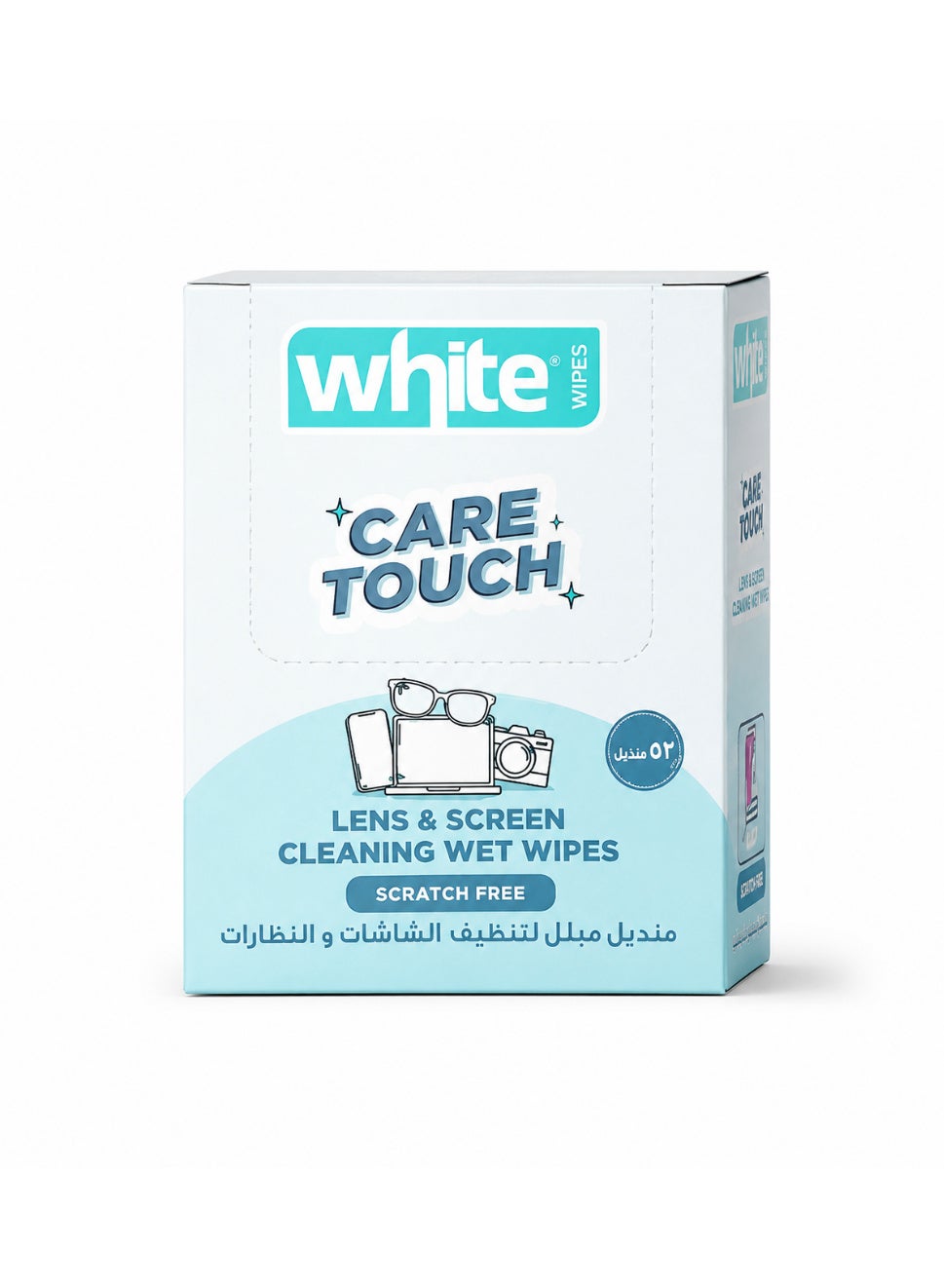 White wet wipes for cleaning screens and glasses, 52 pieces
