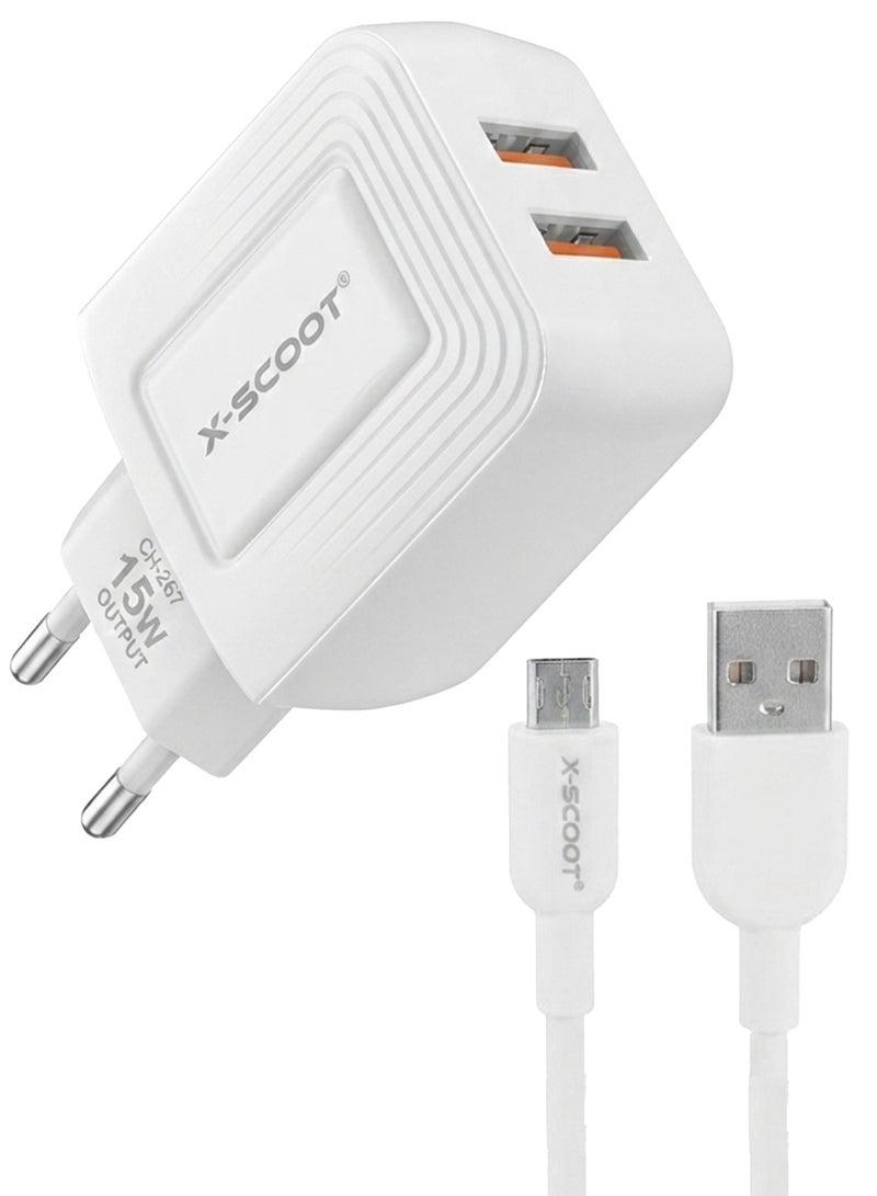 CH-267 USB Fast Wall Charger with Micro USB Cable – Smart IC Fast Charging Power Adapter, Travel Charger with Overcharge & Overvoltage Protection for Android Smartphones, Tablets, Power Banks & Micro USB Devices
