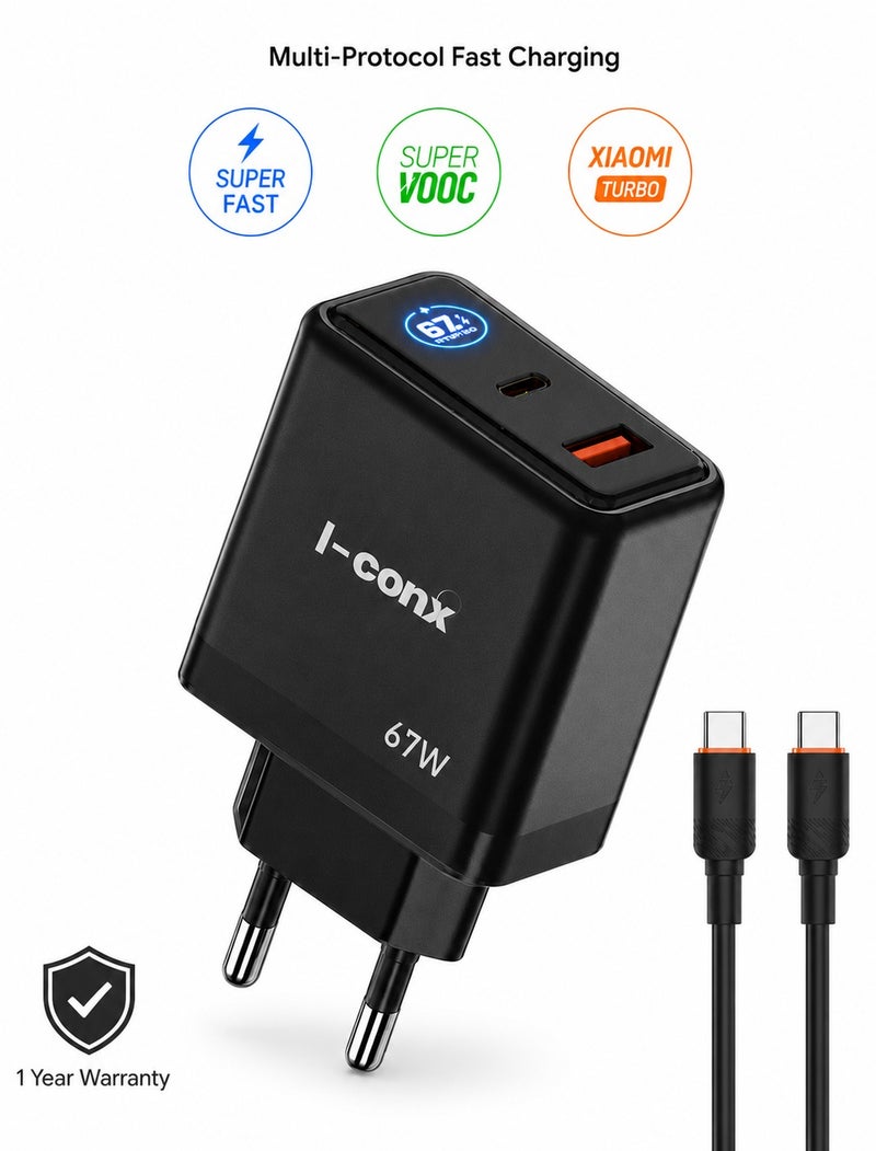 I-conx 67W Super Fast Charger, USB-C Type-C Wall Charger with USB-C & USB-A Ports, LED Digital Display, PD, QC & SuperVOOC Support, Type-C to Type-C Cable – Black