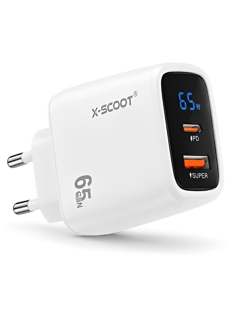 CH-272 LCD Smart Fast Charger 65W – Dual Port Type-C & USB Wall Charger with Real-Time Power Display, Universal AC 100-240V white
