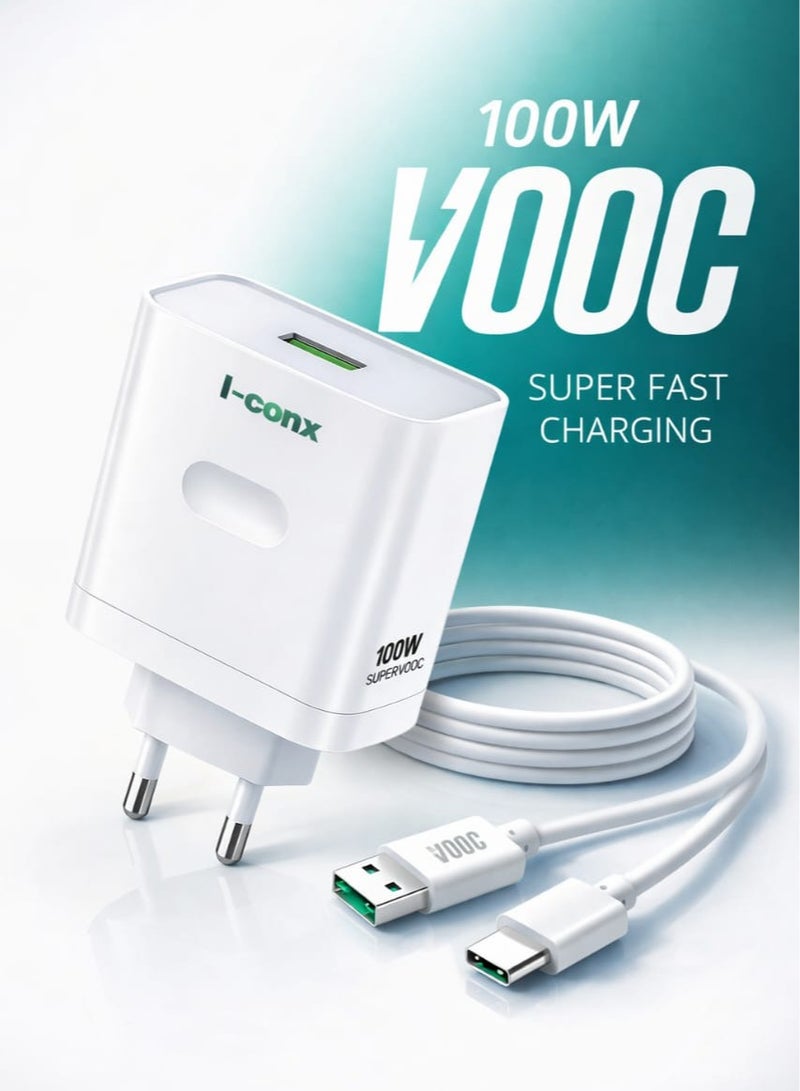 I-Conx 100W VOOC Fast Wall Charger with USB-C Cable – Super Fast Charging for Smartphones & Tablets