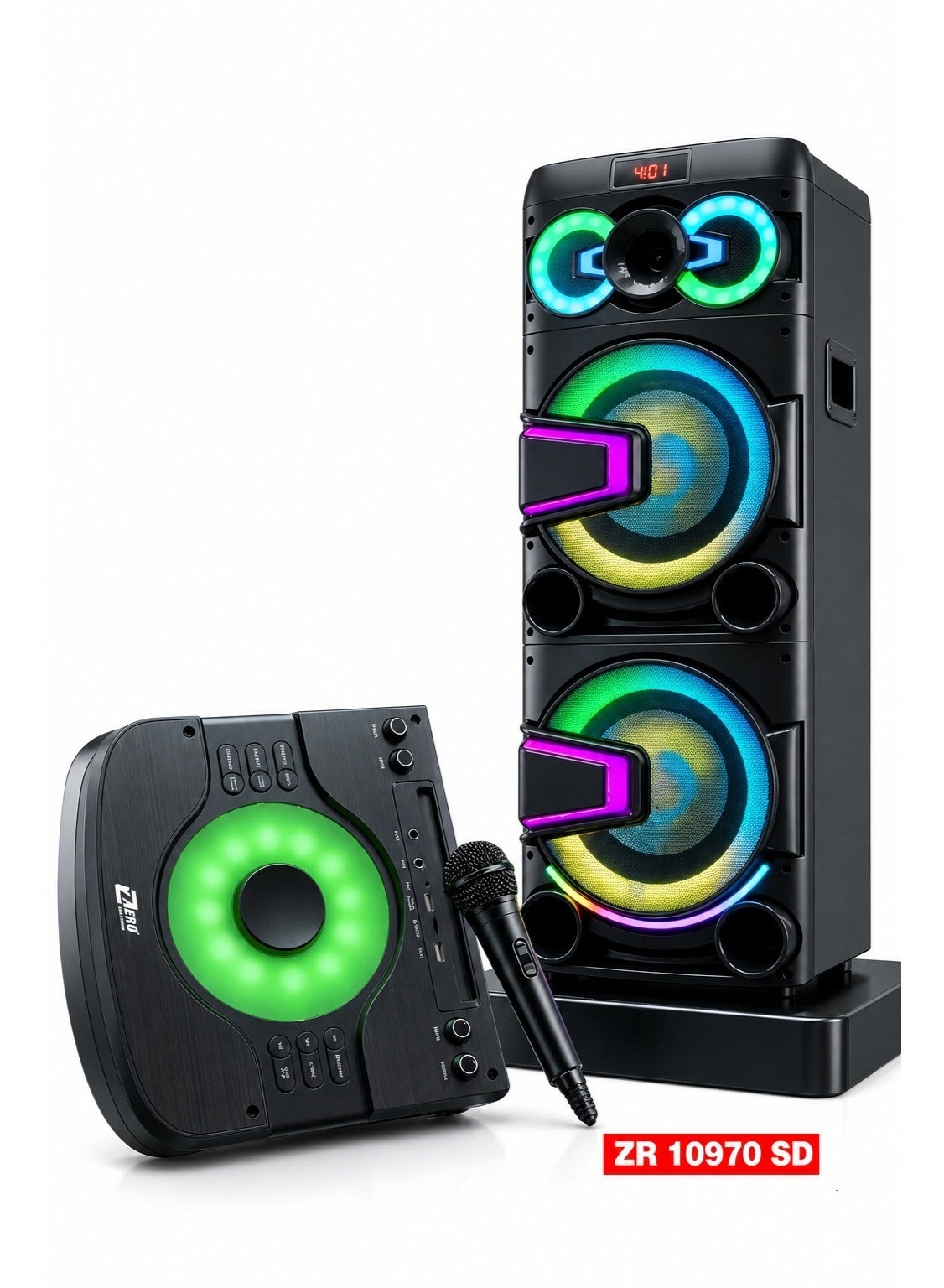 ZERO ZR 10970 SD Party Speaker, 80W RMS, Dual 12-Inch Woofer, Bluetooth, LED Lights, Rechargeable