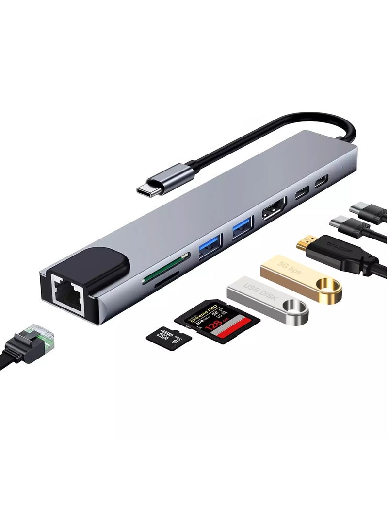 USB C HUB, 8-Port USB C Adapter with 4K HDMI, RJ45 Ethernet, Type C, Type C PD, USB3.0, USB2.0, SD/TF Card Reader, Support Windows 10, 8.1, Mac OS, Surface Pro, Linux, Chromebook and More