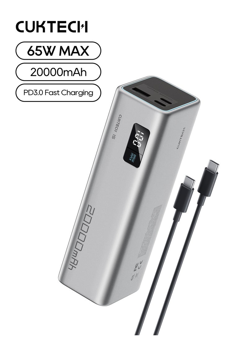CUKTECH 20000mAh Power Bank, 20,000mAh 65W MAX PD 3.0 Fast Portable Charger (15SE), Flight-Approved Laptop Battery Pack for MacBook Pro, Laptops, iPhone 17/16 Pro Max, Samsung S25/S26, Switch - Grey