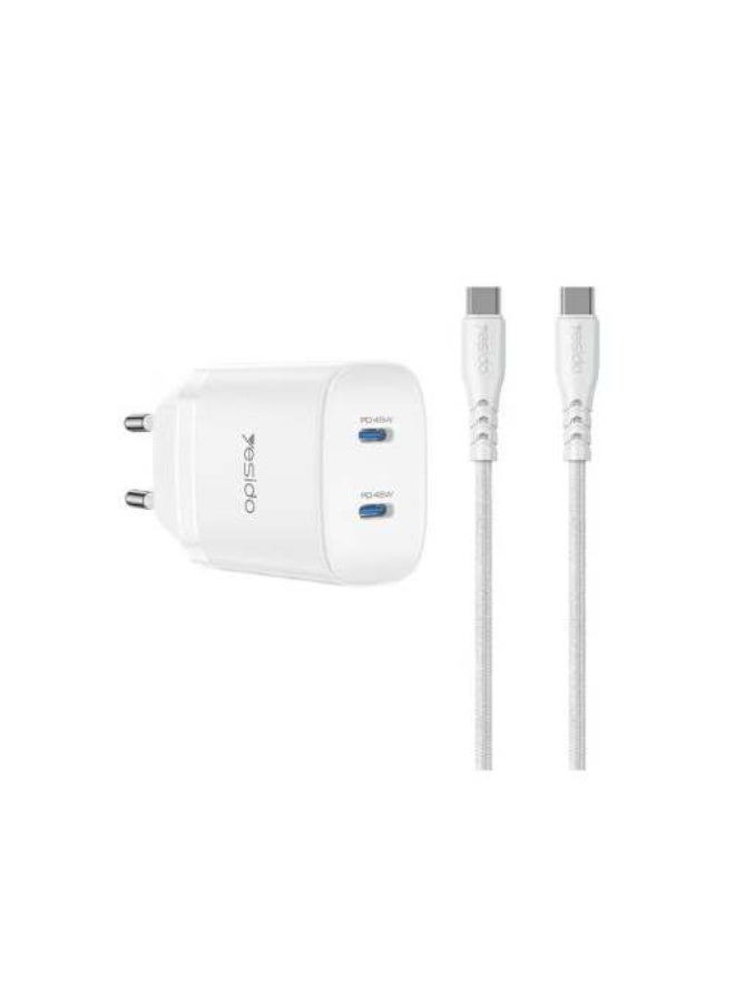 YC109 45W Dual USB-C PD Charger with USB-C Cable - White