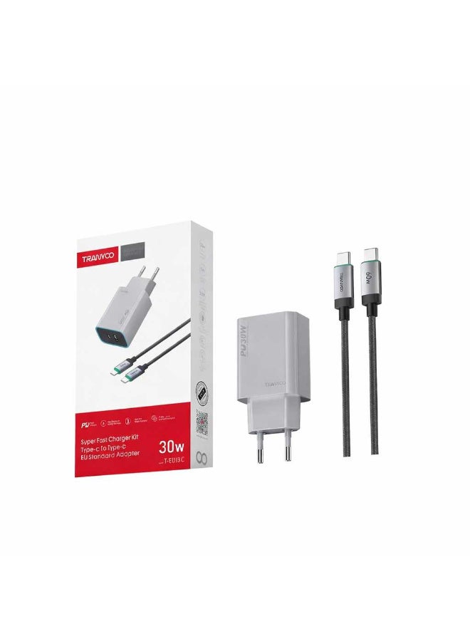 TRANYOO 30W Type-C to Type-C Fast Charger Compatible with Samsung Galaxy A54/S23 /A34/S22/A53/M53/S24+/C55/A14/A15/A24/M55 and OPPO (Gray)