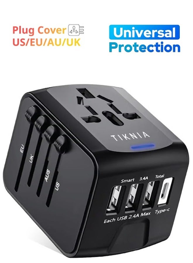 TIKNIA Travel Adapter, TIKNIA Universal Travel Adapter - 3 USB + 3.0A Type C in One Travel Charger with UK/US/AUS/EU Plugs and Socket, International Power Adapter Wall Charger (Type-c Black)