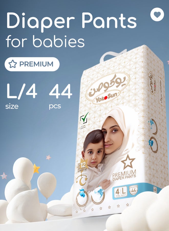 YokoSun Premium Baby Diaper Pants, Size 4 / L (9-14 kg), 44 pcs â€“ Ultra-Soft, Hypoallergenic Nappies, Japanese Quality for Baby Skin Care, Leakproof with 12-Hour Dryness Protection