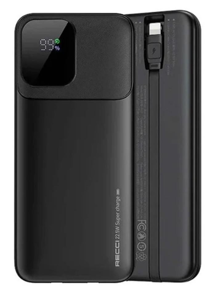 Recci RPB-P67 10000mAh Power Bank with 22.5W SuperCharge & 20W PD, Built-in Lightning & Type-C Cables, Digital Display - Black