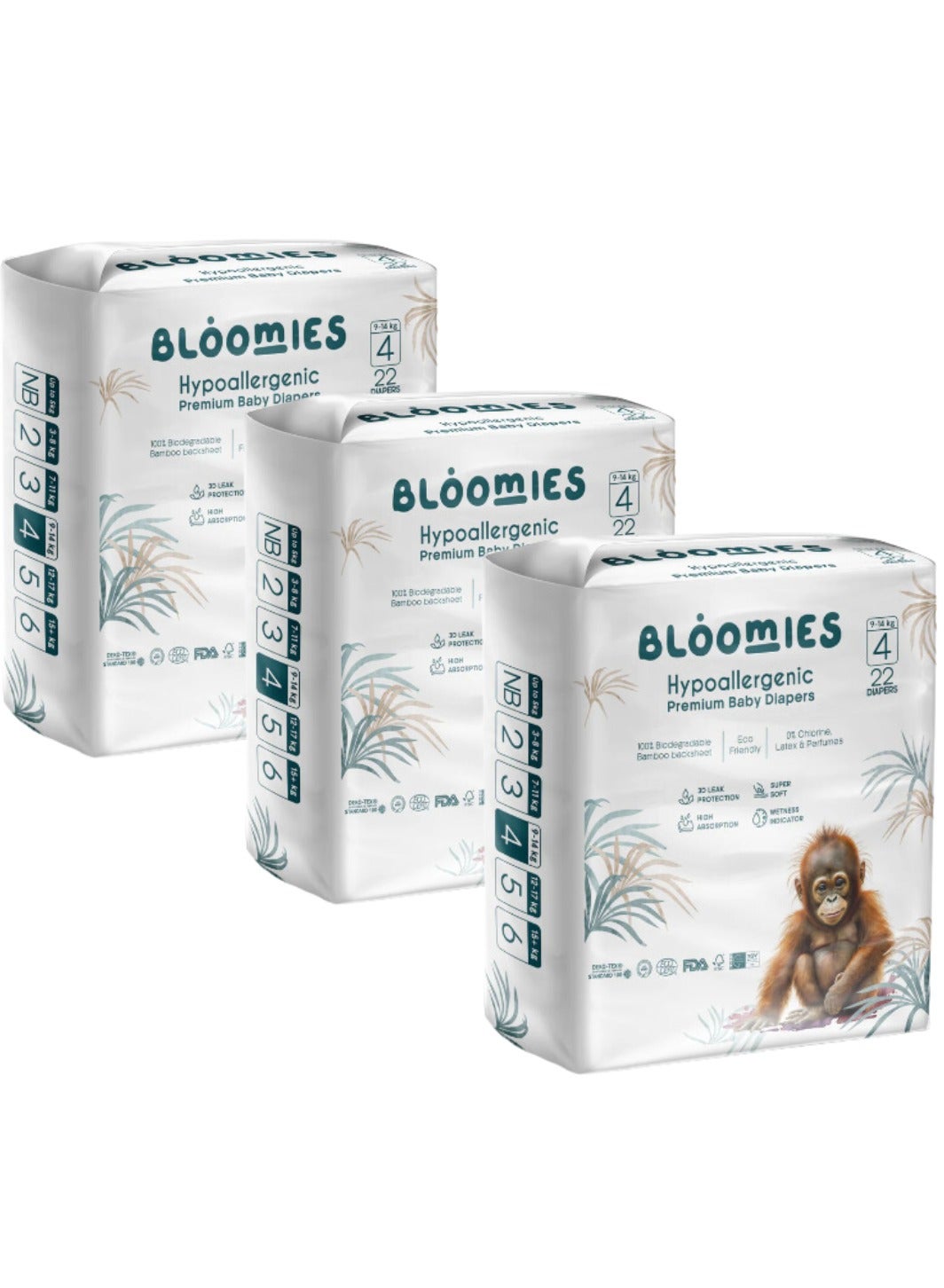 Organic Bamboo Baby Diapers Size 4 (9-14kg baby) 66pcs (22X3) Bundle| Eco-friendly, Hypoallergenic, Non-toxic, Breathable Nappies