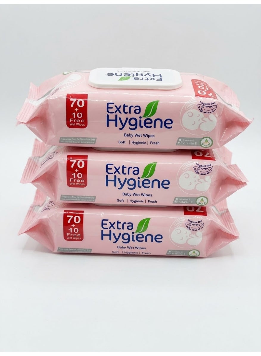 Extra Hygiene Wipes Baby Sensitive Skin 70+10 Wet Wipes 3Pcs
